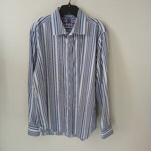 Robert Graham Shirt Mens XL Blue Striped Classic Fit Button Down‎ Roll Up Sleeve